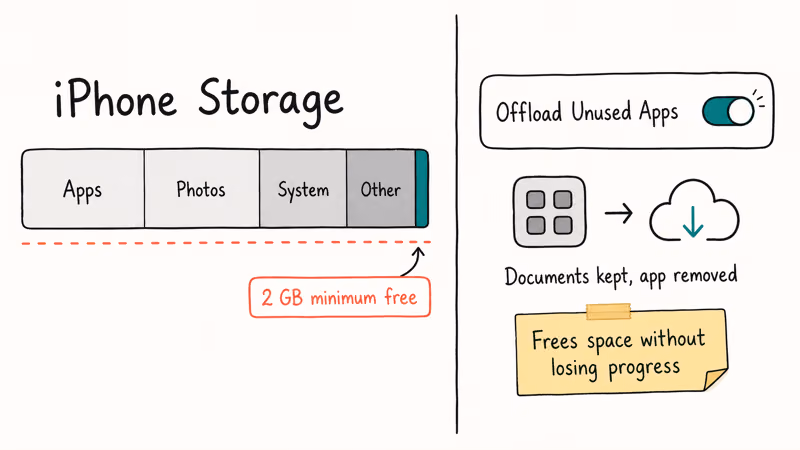 Diagram showing iPhone storage bar below two gigabyte threshold and Offload Unused Apps toggle