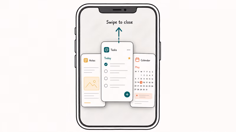 iPhone app switcher showing the swipe-up gesture to force-quit apps