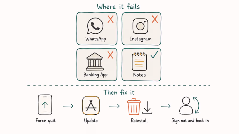 Hand-drawn grid of four messaging apps with X marks beside a four-step troubleshooting ribbon