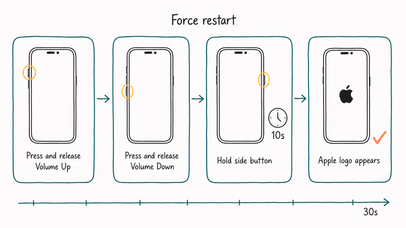 Hand-drawn flowchart of iPhone force restart steps showing volume up volume down and side button