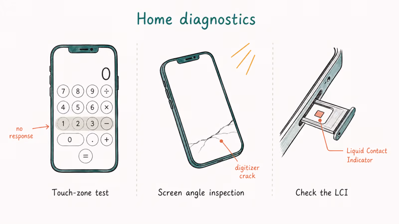Hand-drawn three-panel diagnostic showing calculator test screen crack inspection and SIM tray indicator