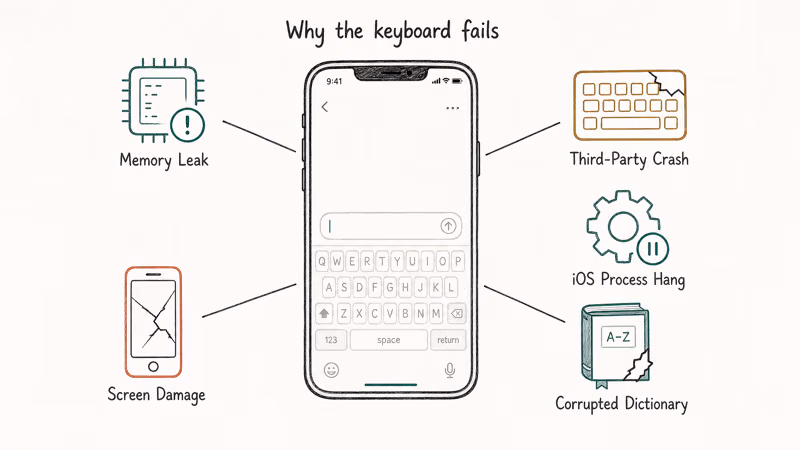Hand-drawn diagram showing five common causes of iPhone keyboard failure radiating from a phone