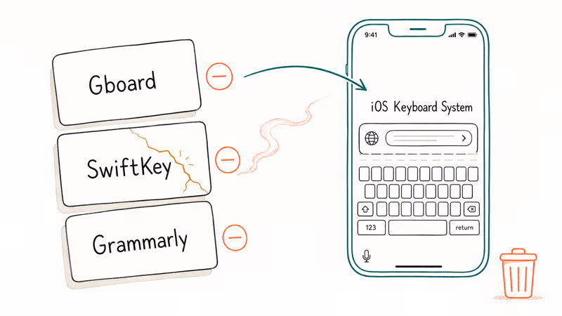 Hand-drawn illustration of Gboard SwiftKey Grammarly keyboard cards with red minus icons being removed