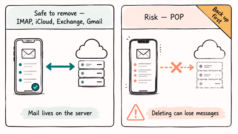 Two panels contrasting server-stored IMAP and iCloud accounts against device-only POP mail deletion risk