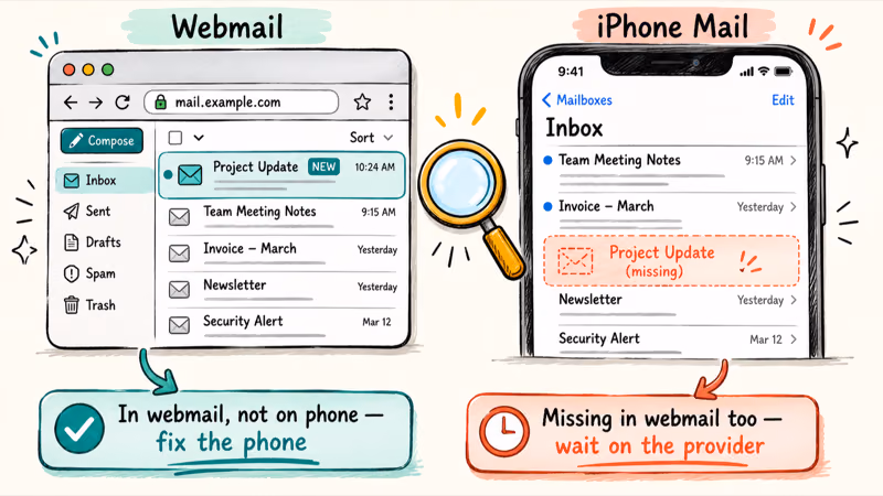 Browser webmail beside iPhone inbox showing a missing message and two branching troubleshooting outcomes