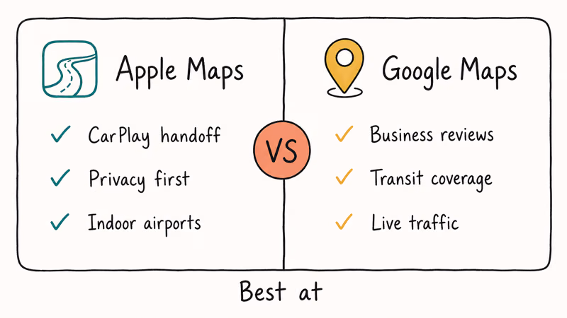 Hand-drawn comparison chart of Apple Maps and Google Maps strengths with three labeled features each.