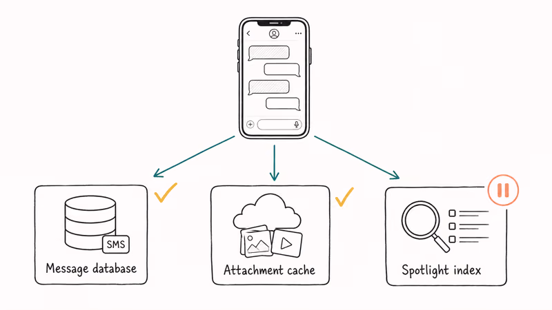 Diagram showing three iPhone Messages indexing components message database attachment cache and Spotlight search index