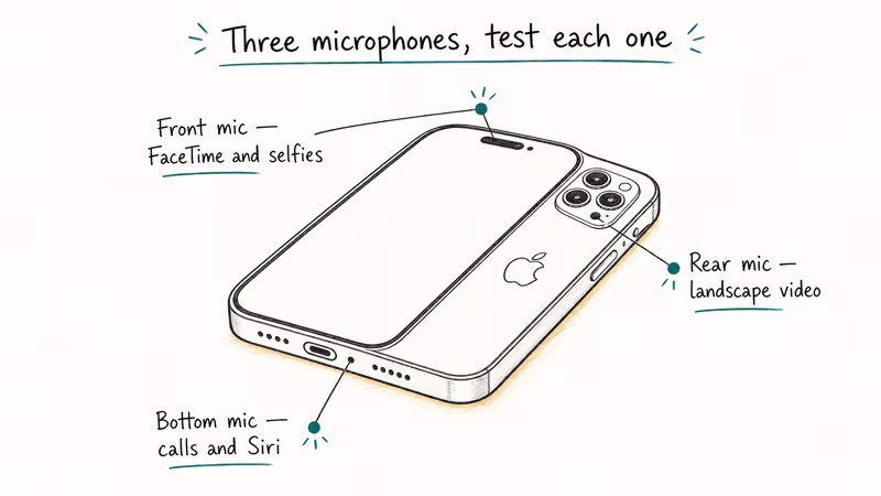 Hand-drawn iPhone showing labeled bottom front and rear microphone locations with teal callout pins.