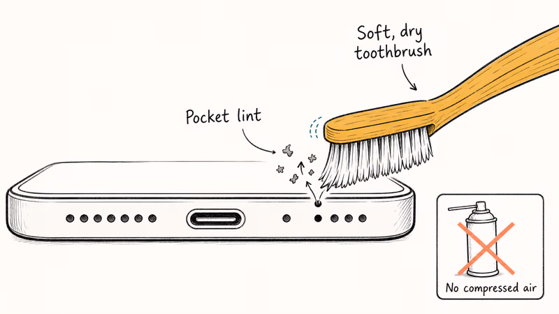 Soft toothbrush brushing pocket lint from iPhone bottom microphone port with compressed air crossed out.