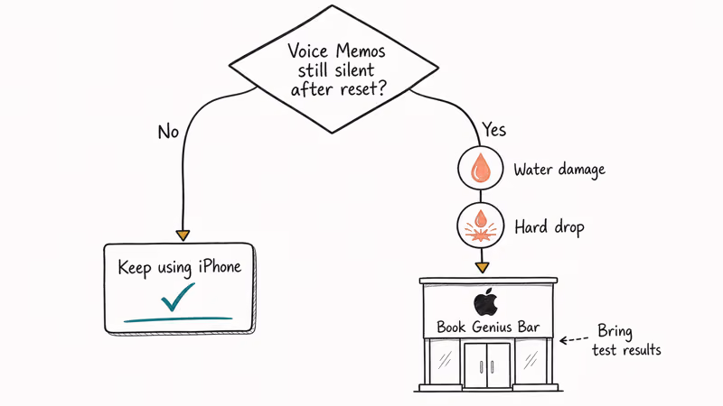 Decision flow routes failed Voice Memos test to water, drop, or repair.