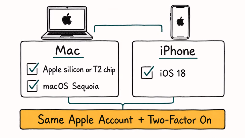 Eligibility checklist showing macOS Sequoia iOS 18 Apple silicon and shared Apple Account