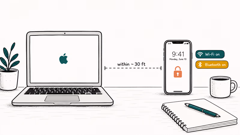 Locked iPhone resting near a Mac within thirty feet with Wi-Fi and Bluetooth on