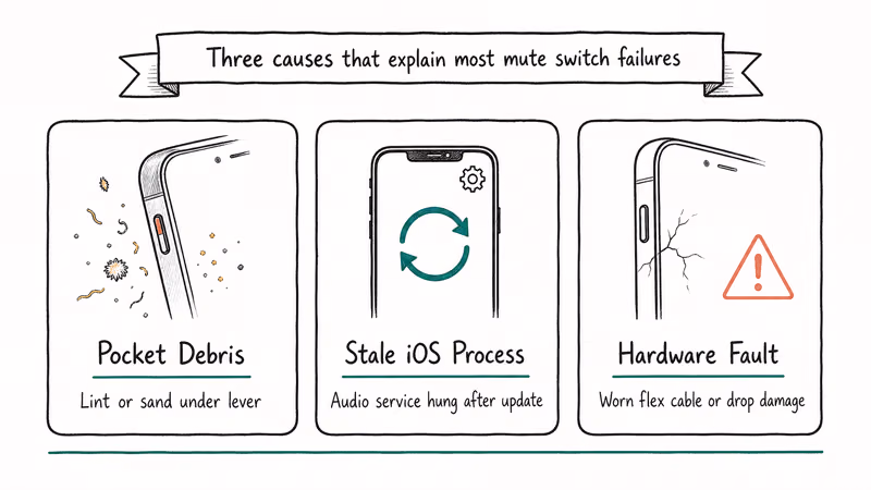Three cards show debris, stale iOS process, and hardware mute switch faults