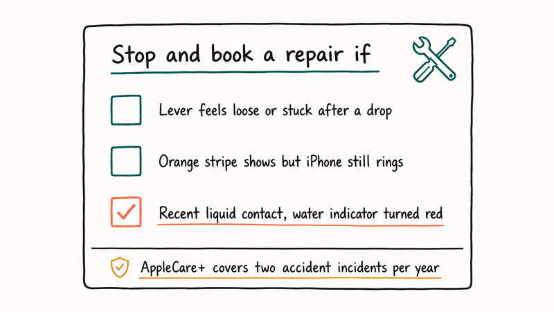 Checklist card showing three signs to stop self troubleshooting and book an Apple repair appointment