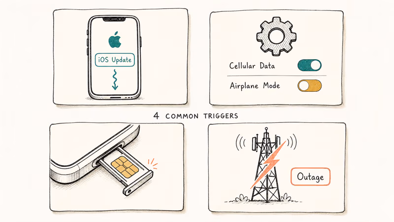 Hand-drawn matrix showing four common triggers behind the iPhone Network Not Available error message