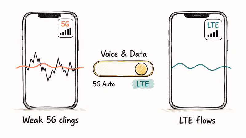Weak 5G and reliable LTE comparison with Voice and Data toggle