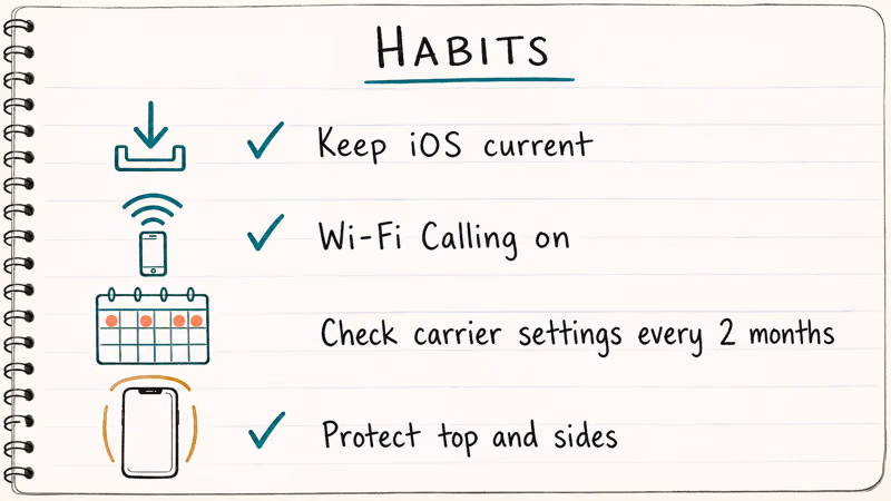 Hand-drawn checklist of four prevention habits to keep iPhone cellular service stable long term
