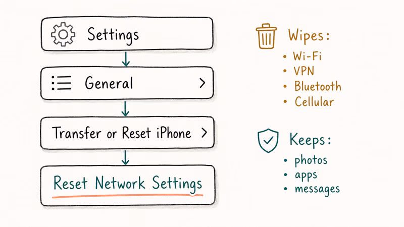 Settings menu breadcrumb showing the Reset Network Settings path with what it wipes versus keeps