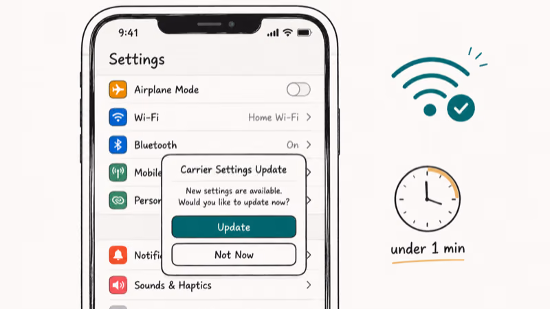 Carrier settings update prompt on an iPhone connected to Wi-Fi after iOS 27