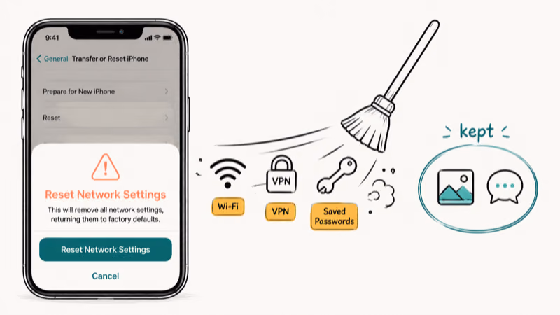 Reset network settings screen wiping Wi-Fi passwords and VPN profiles while keeping photos