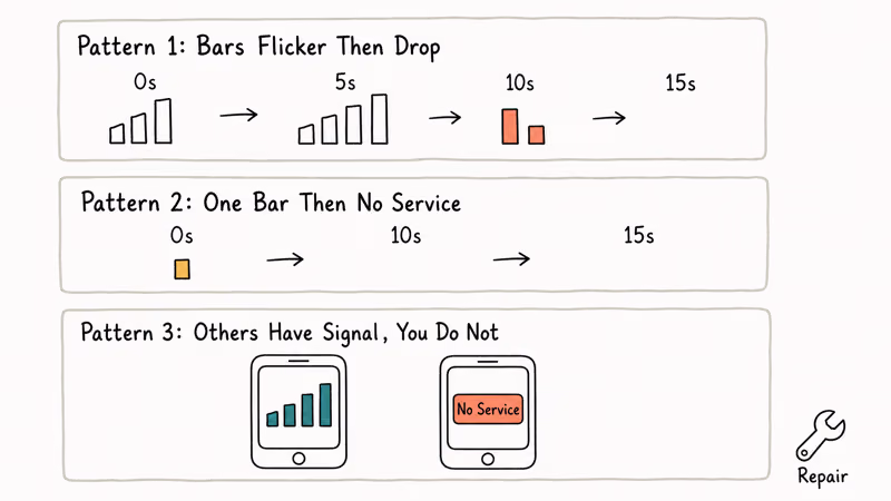 Hand-drawn illustration of three signal patterns indicating iPhone antenna damage