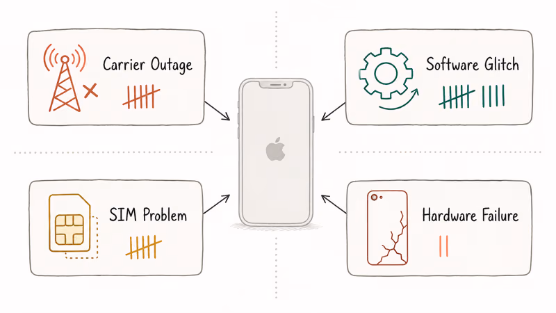 Hand-drawn diagram showing four root causes of iPhone No Service errors