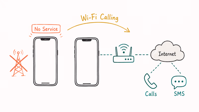 Hand-drawn diagram showing Wi-Fi Calling routing voice and SMS during No Service