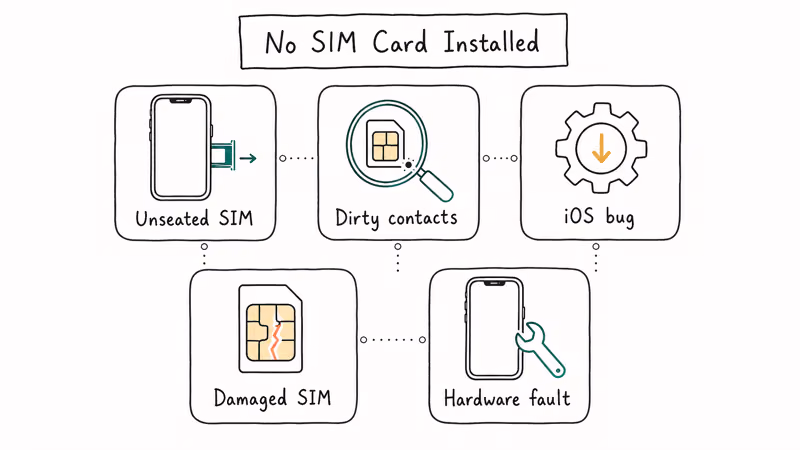 Infographic grid mapping five common causes of the iPhone no SIM card error