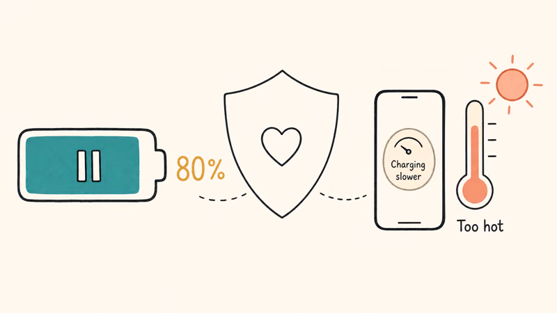 iPhone battery paused at 80 percent next to a heat icon showing protective charging limits