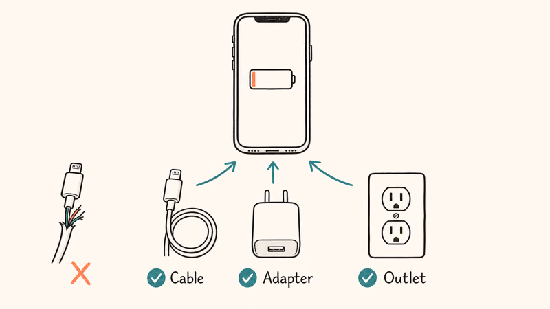 Swapping an iPhone charging cable, wall adapter, and outlet to find a working power source