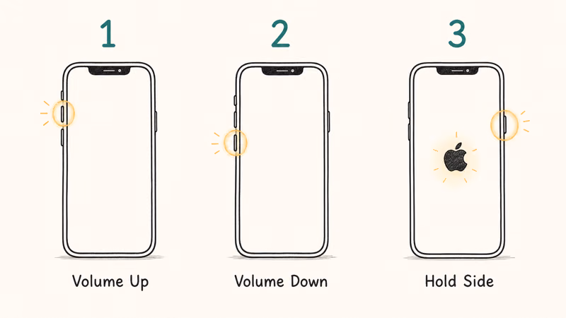 Three-step iPhone force restart showing volume up, volume down, then holding the side button