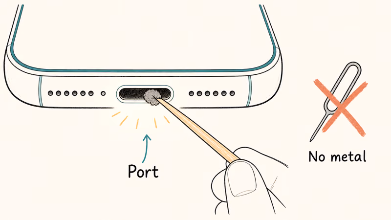 Wooden toothpick gently lifting lint from an iPhone charging port while a metal tool is warned against