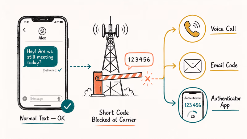 Carrier blocking a bank short code SMS while offering voice, email, and authenticator app alternatives