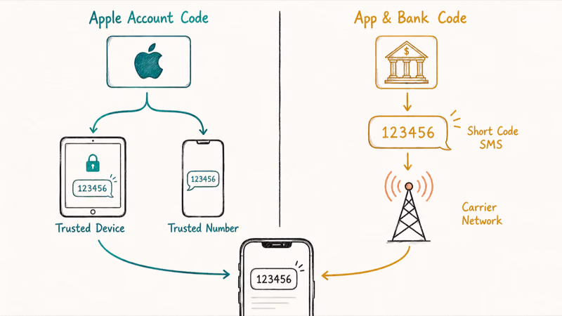Two verification code paths compared, Apple Account codes versus carrier SMS short codes on iPhone