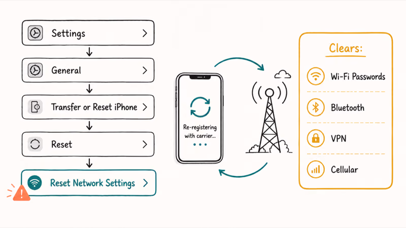 iPhone Settings path to Reset Network Settings showing cleared Wi-Fi, Bluetooth, and cellular configs