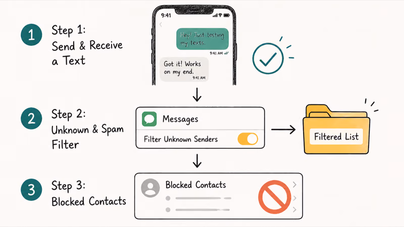 Checklist showing SMS round trip test, message filtering, and blocked contacts checks on iPhone