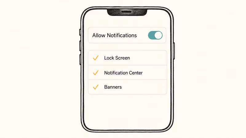 iPhone app notification settings with Allow Notifications on and Lock Screen, Center, and Banners enabled