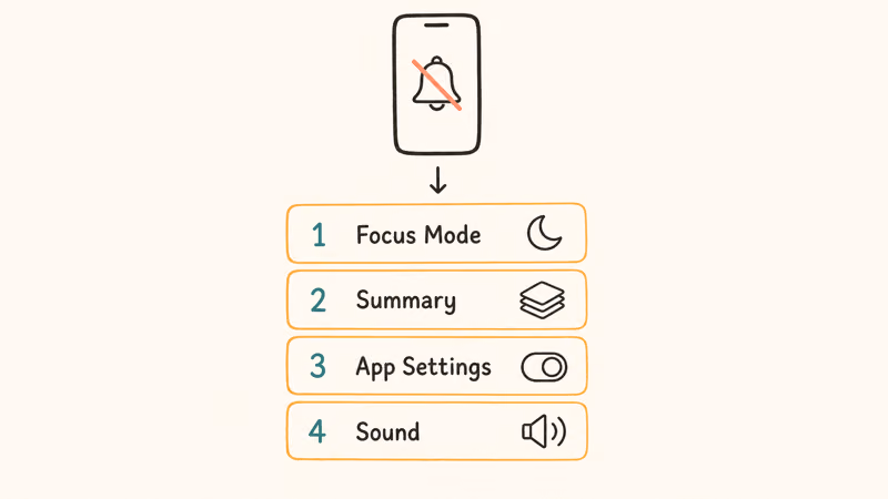 Four layers to check for iPhone notification problems, Focus mode, Summary, app settings, and sound