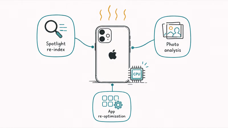 iPhone with heat lines and three background tasks causing warmth after iOS 27
