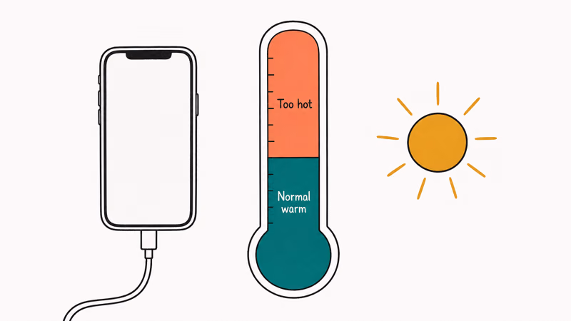 Thermometer split into green safe zone and red warning zone next to a charging iPhone