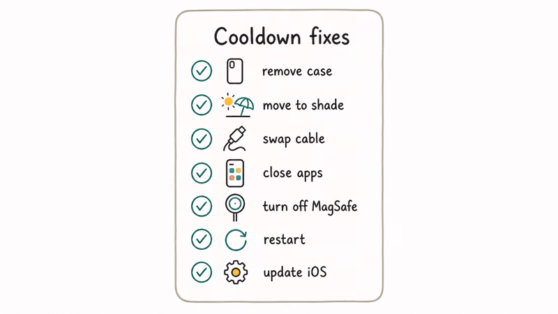 Checklist card listing seven fixes for an iPhone overheating while charging