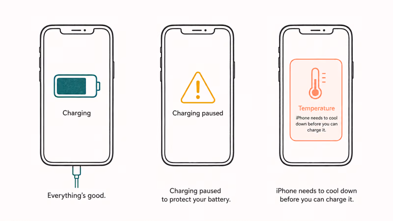 Three iPhone screens showing charging paused and temperature warning alerts side by side