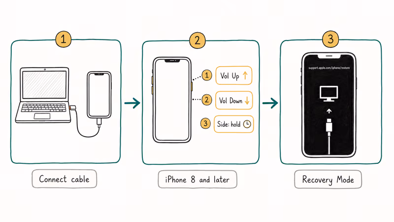 Flowchart showing iPhone cable connection button sequence and Recovery Mode screen for restore