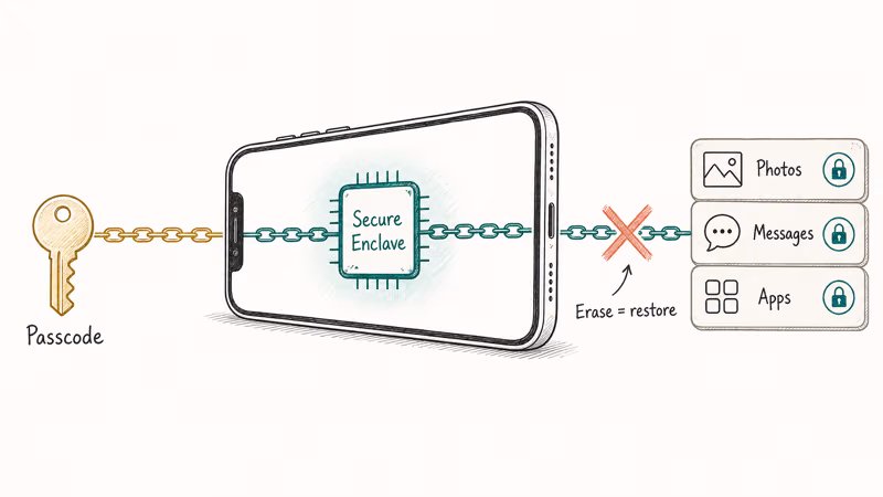 Hand-drawn iPhone showing Secure Enclave chip linking passcode key to encrypted data tiles