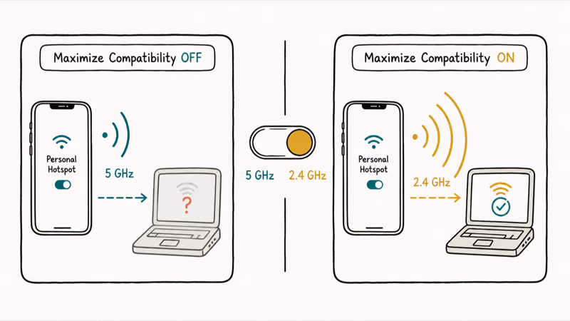 Maximize Compatibility toggle switching iPhone hotspot from fast 5GHz band to wider 2.4GHz band
