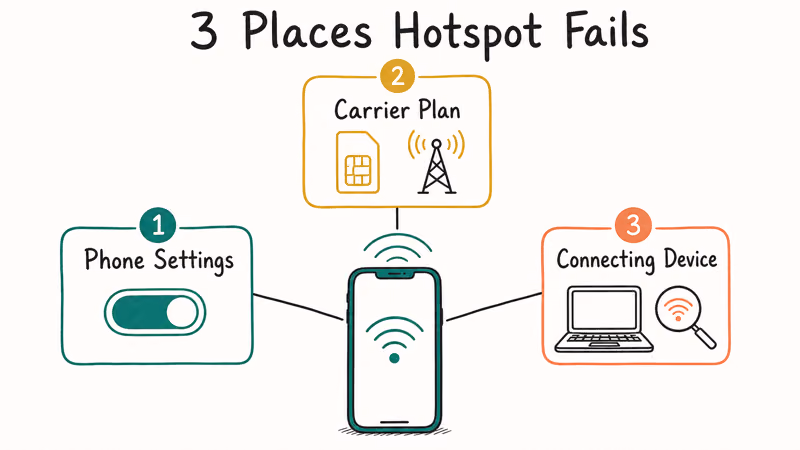 Three common iPhone Personal Hotspot failure points across phone settings, carrier plan, and connecting device