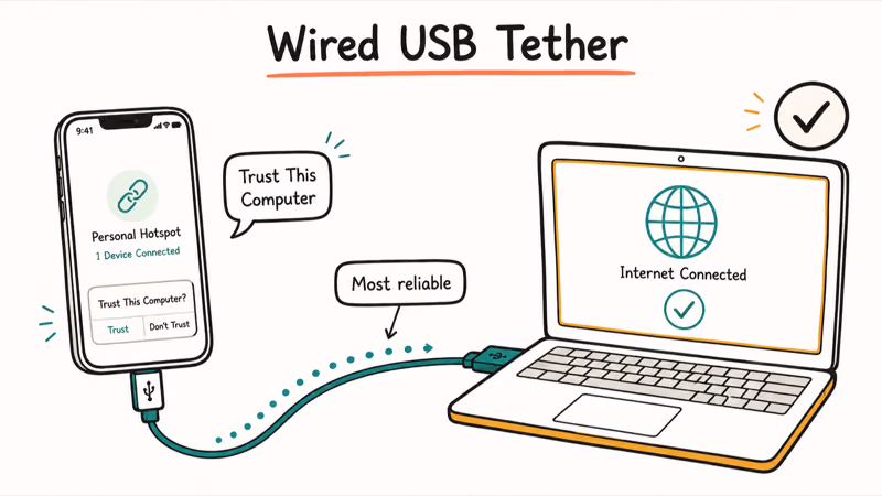 iPhone connected to a laptop with a USB cable for a reliable wired hotspot tether
