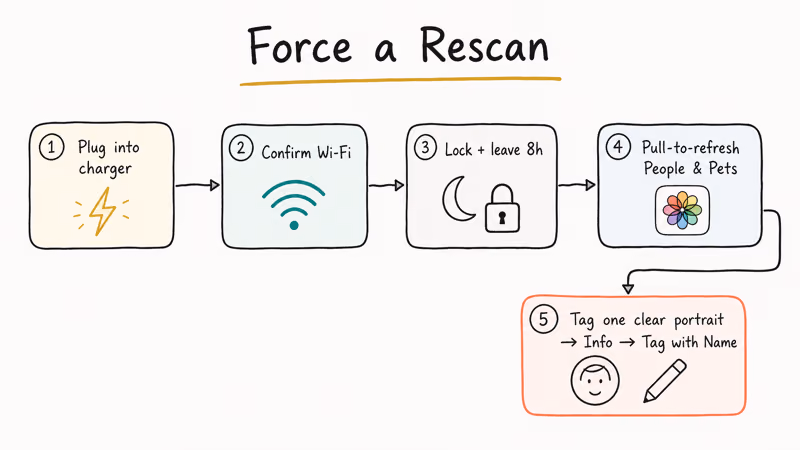 Flowchart of four overnight steps to force iPhone Photos to rescan faces