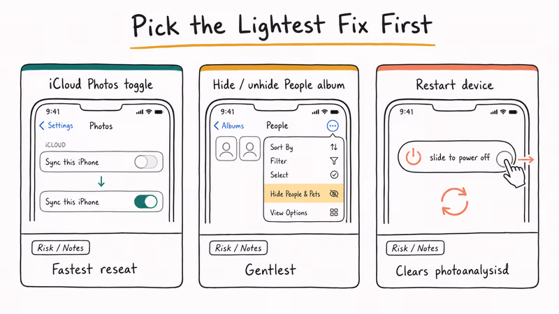 Comparison of three non-destructive ways to reset the iPhone People album without losing names