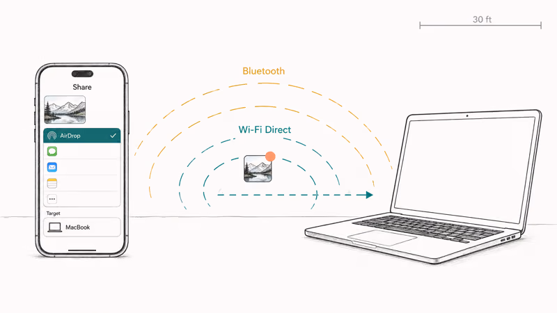 Hand-drawn AirDrop transfer between iPhone and Mac using Bluetooth and Wi-Fi Direct connection.
